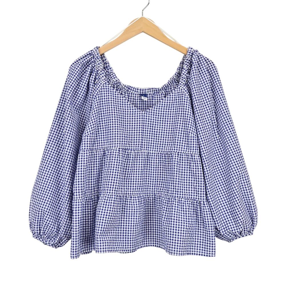 Old Navy Gingham Plaid Tiered Babydoll Cottagecore Long Sleeve Blouse Sz Large